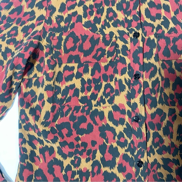 Go Silk Red Tan Black Leopard/Cheetah Print 100% Silk Button Down Blouse S - Picture 8 of 13